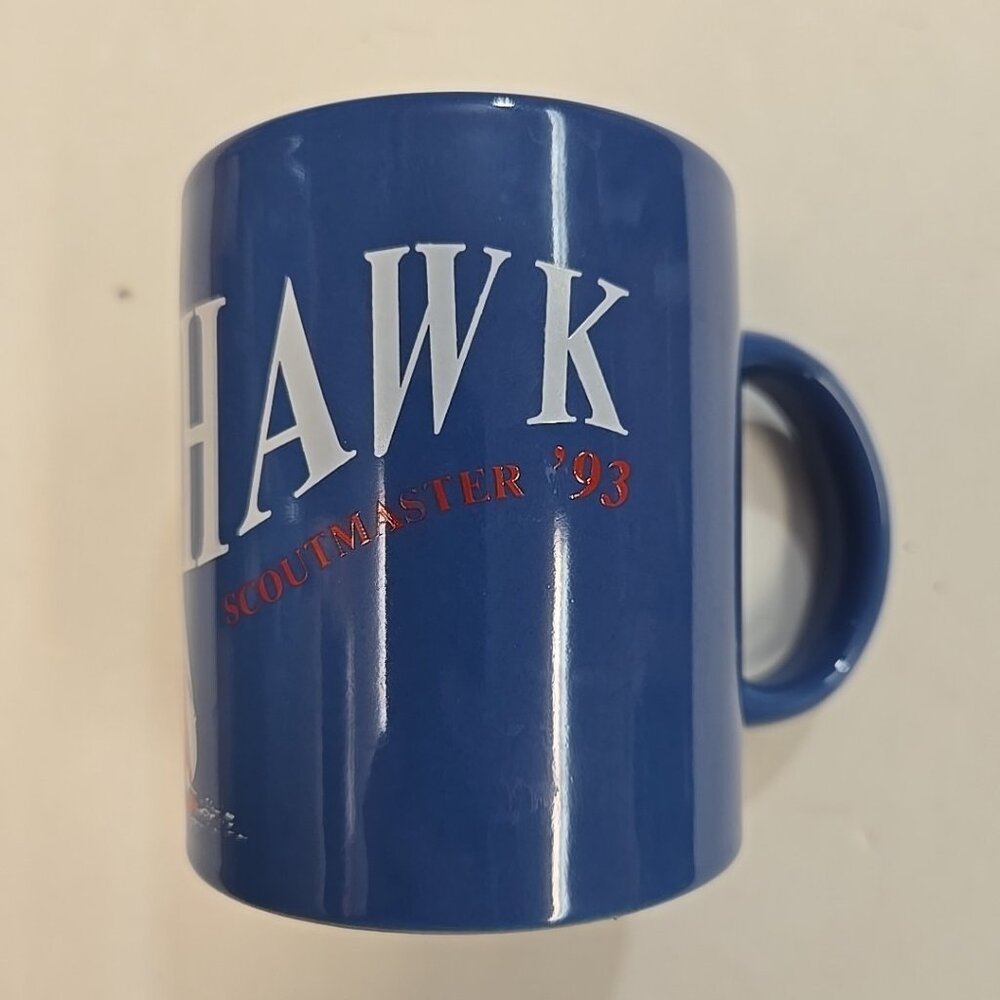 Vintage Boy Scout Mug Tomahawk Scout Master 1993 '93 Camp Blue Wrap Around BSA
